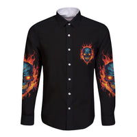 Black long-sleeve button shirt with small fiery skull chest print and blue flame cuffs