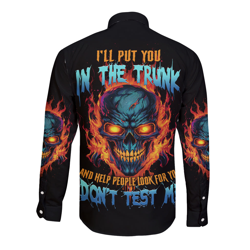 Black long-sleeve button shirt with fiery skull back graphic and blue flame sleeves
