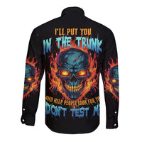 Black long-sleeve button shirt with fiery skull back graphic and blue flame sleeves