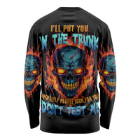 Black long-sleeve shirt with flaming skull back graphic and orange lettering