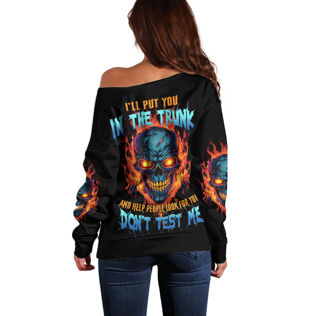 Women’s off-shoulder black sweater with multicolor skull and flame graphic on back