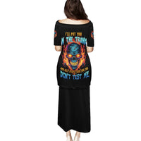 Black long dress with colorful skull graphic on back, short sleeves and curved hem