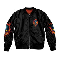 Black satin bomber jacket with front zipper, skull patch, and flame sleeve graphics
