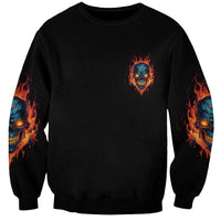 Black unisex sweatshirt with small flaming skull emblem and flame sleeve graphics