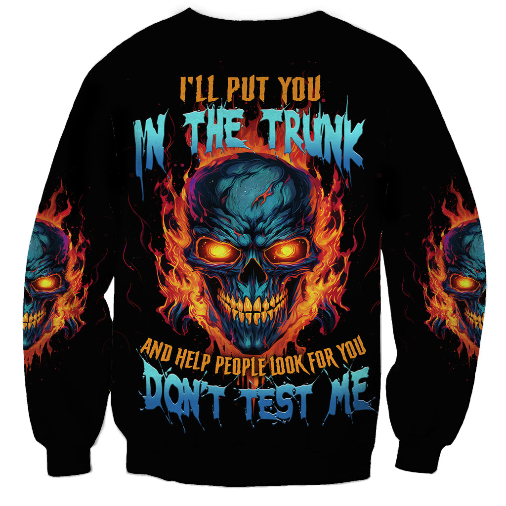 Black unisex sweatshirt with blue skull graphic, flames, and front text print