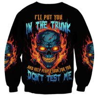 Black unisex sweatshirt with blue skull graphic, flames, and front text print