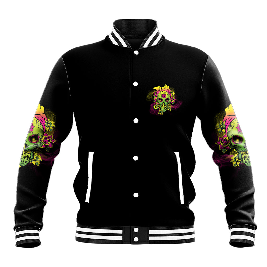 Black unisex baseball jacket with multicolor skull chest patch and striped ribbed cuffs