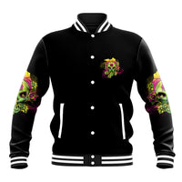 Black unisex baseball jacket with multicolor skull chest patch and striped ribbed cuffs