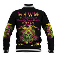 Black unisex baseball jacket with multicolor skull graphic on back and striped rib trim