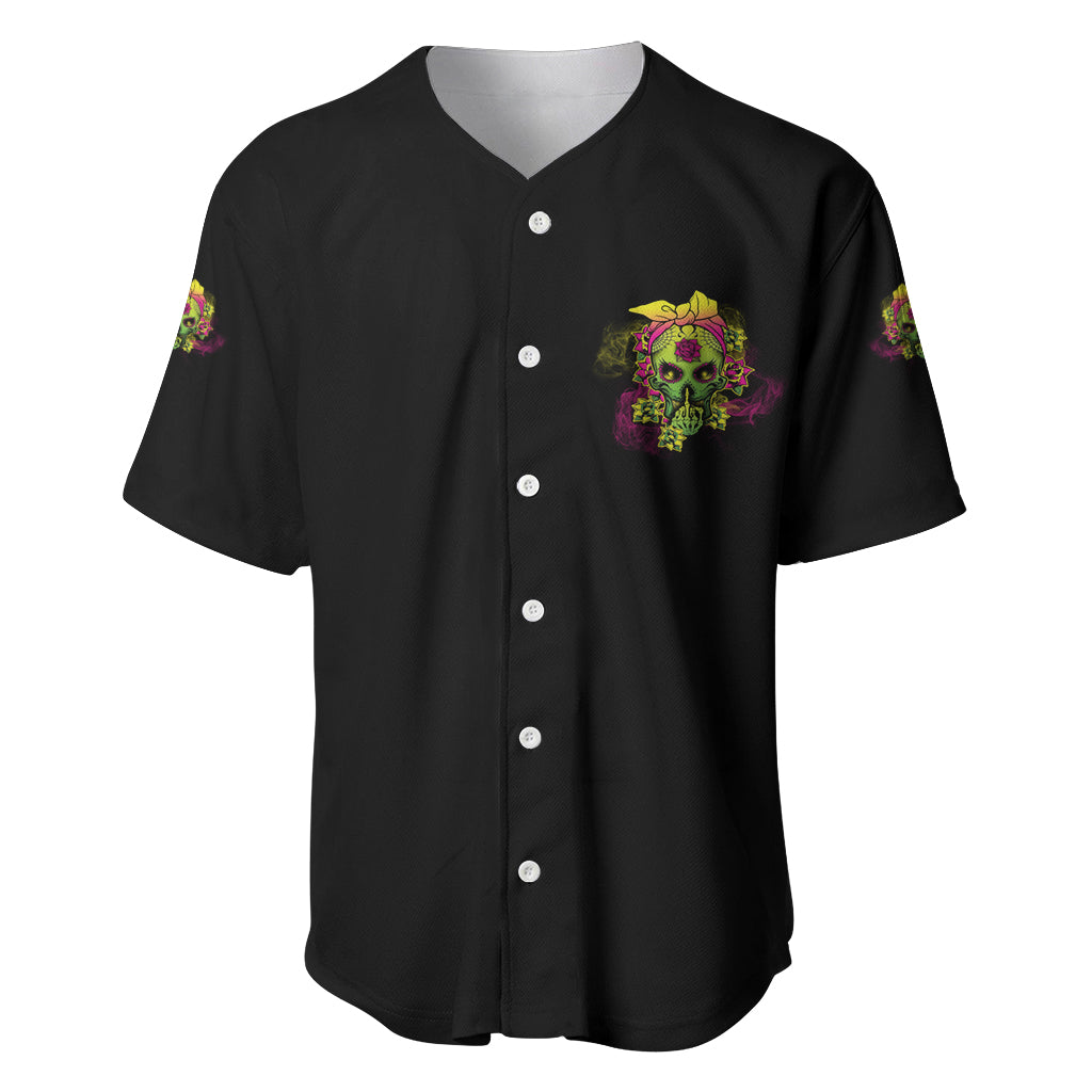 Black baseball jersey button-front V-neck with small colorful skull witch logo on chest