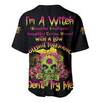 Black baseball jersey with witch text and colorful skull graphic on back