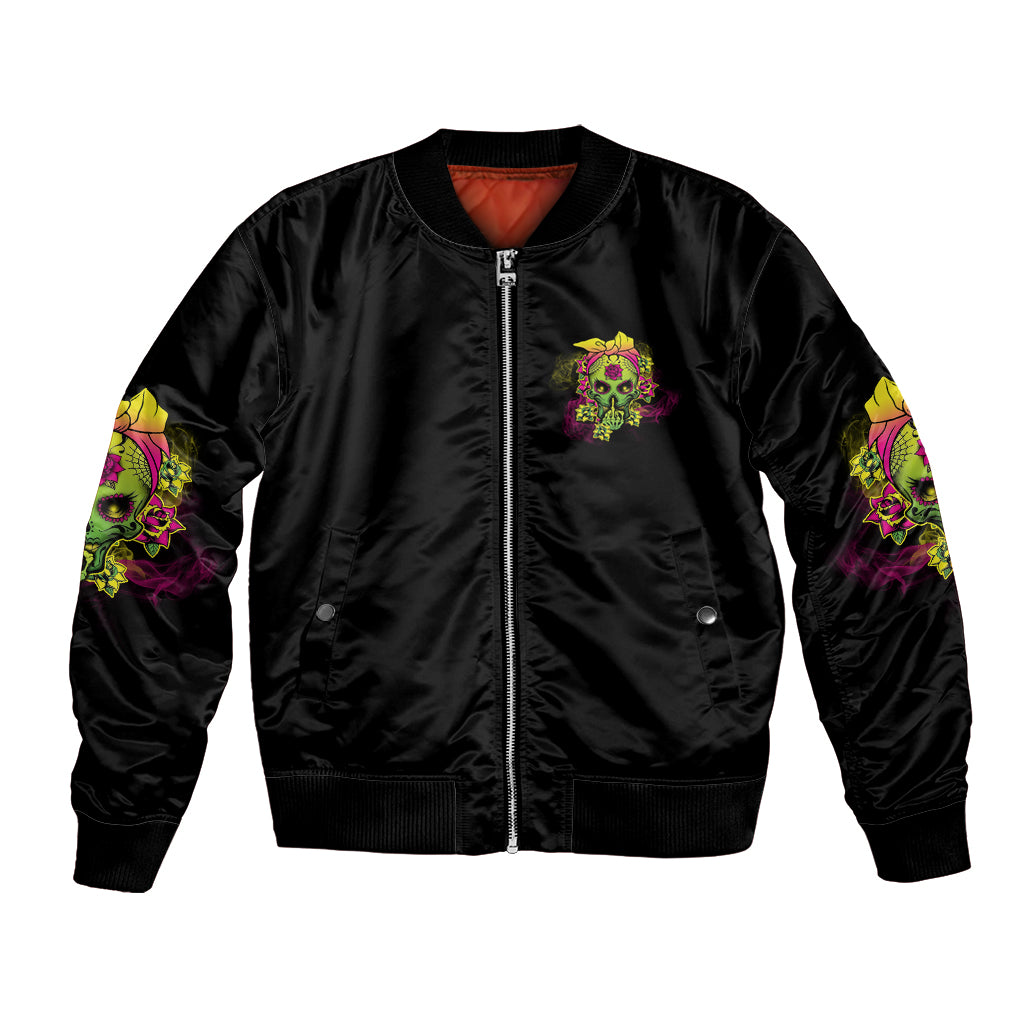 Black unisex bomber jacket with front zip, skull chest patch and colorful sleeve art