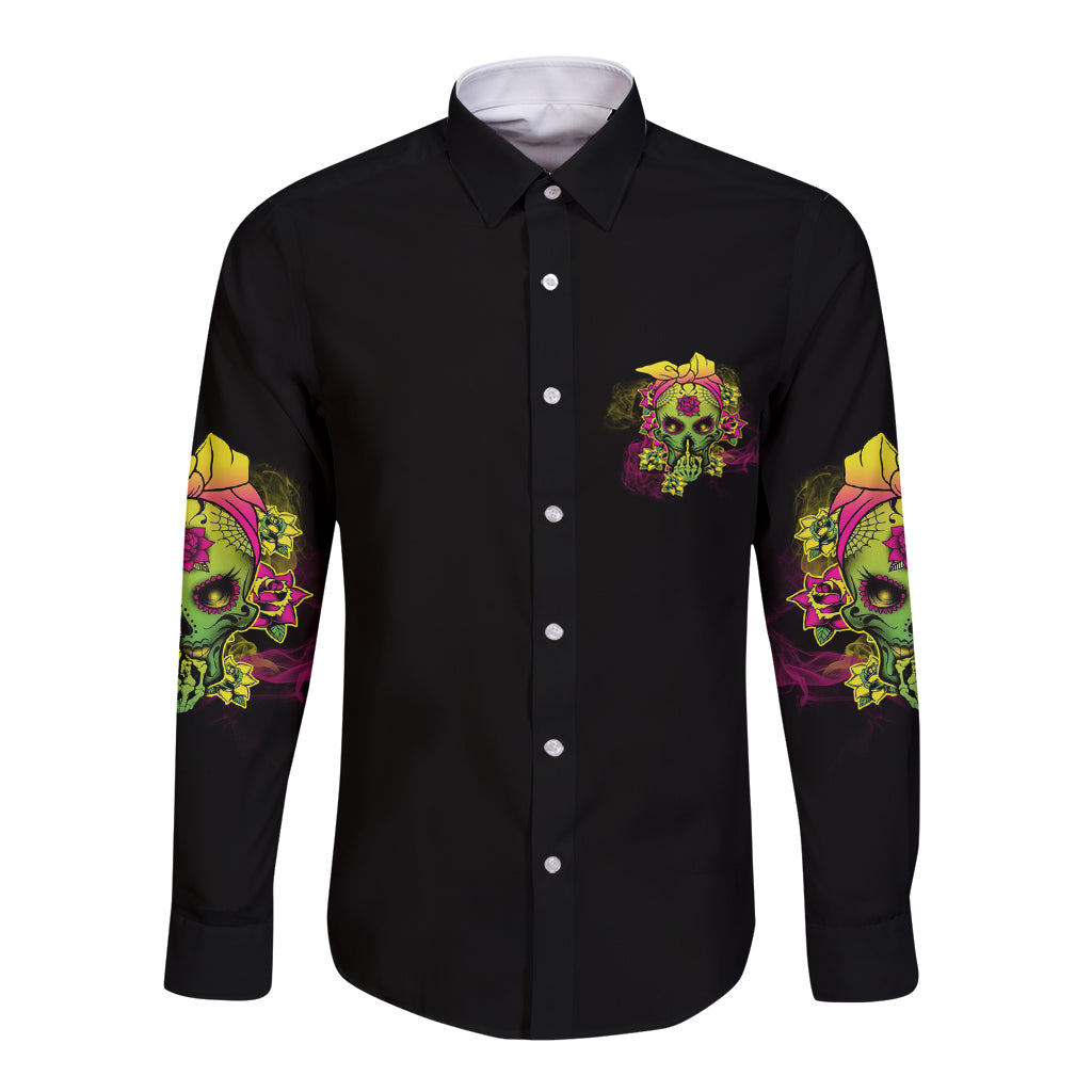 Black long-sleeve button shirt with multicolor skull graphic pocket and sleeve art