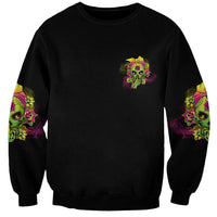 Black sweatshirt with small chest skull logo and colorful sleeve graphics