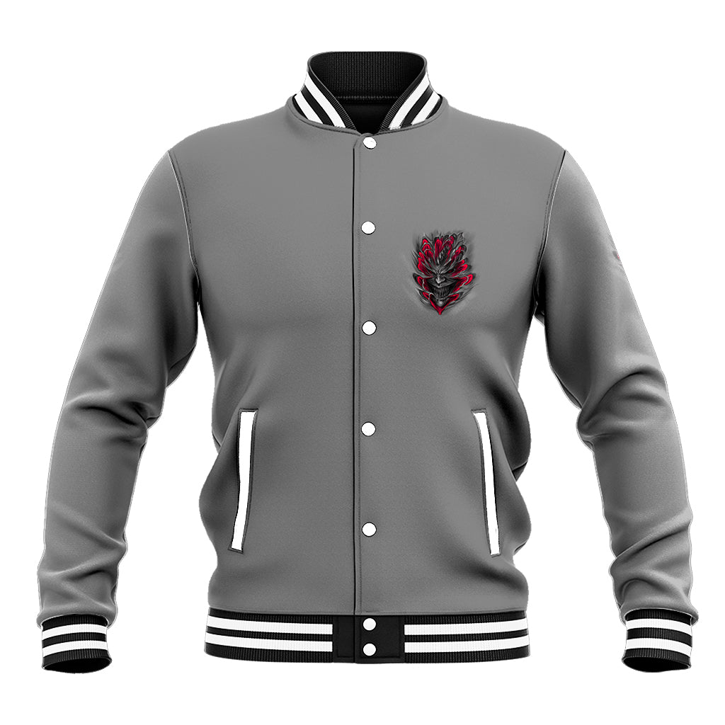 Dark gray baseball jacket with striped collar trim, snap buttons, small red skull chest patch