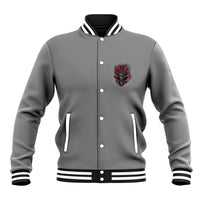 Dark gray baseball jacket with striped collar trim, snap buttons, small red skull chest patch