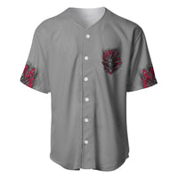Gray button-front baseball jersey with small red and black demon patch on chest