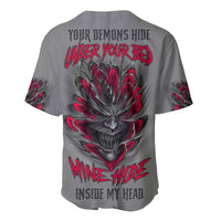 Gray baseball jersey with large back demon head graphic in red and black