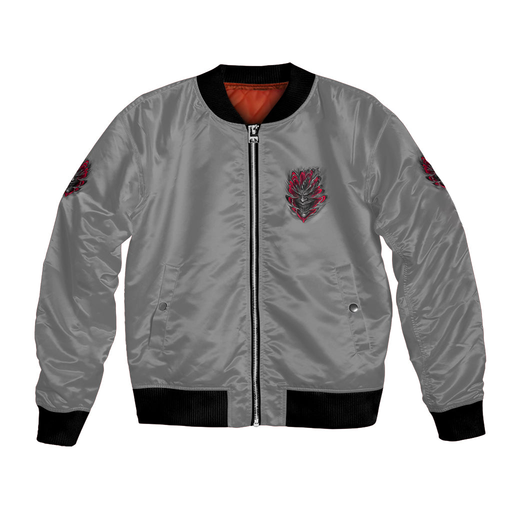 Unisex gray bomber jacket with front zipper, red emblem patch, black ribbed hem cuffs
