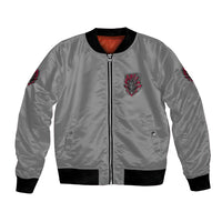 Unisex gray bomber jacket with front zipper, red emblem patch, black ribbed hem cuffs