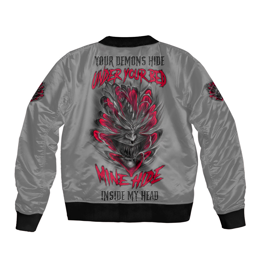 Unisex gray bomber jacket with red graphic on back, black ribbed collar and cuffs