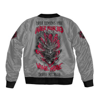 Unisex gray bomber jacket with red graphic on back, black ribbed collar and cuffs