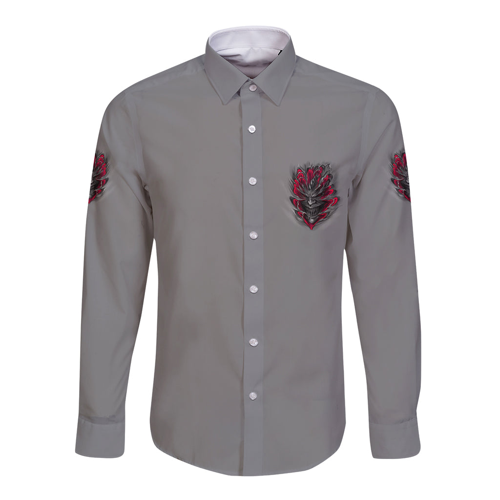 Long-sleeve button shirt, gray with red and black front emblem and sleeve graphics