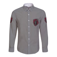 Long-sleeve button shirt, gray with red and black front emblem and sleeve graphics
