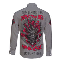 Long-sleeve button shirt, gray with red and black devil graphic on back