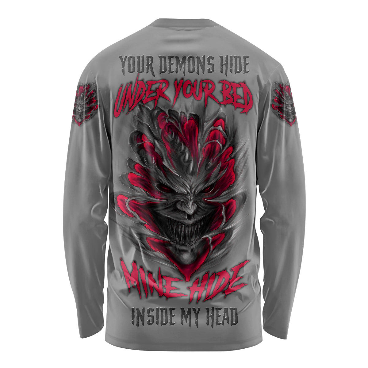 Long-sleeve dark gray shirt with large red and black demon graphic on back.