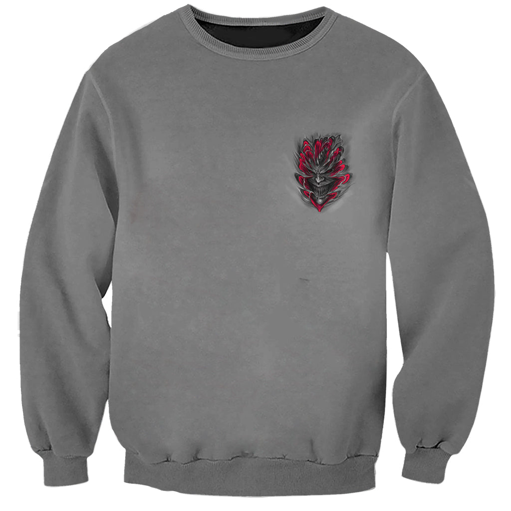 Unisex dark gray sweatshirt with small red-and-black heart demon chest graphic