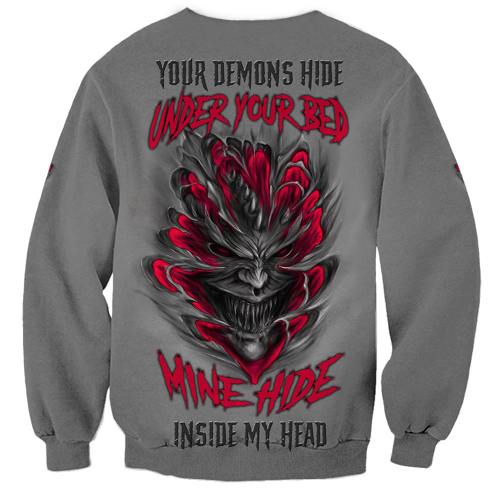 Unisex dark gray sweatshirt with large back demon face graphic, red and black