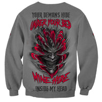 Unisex dark gray sweatshirt with large back demon face graphic, red and black