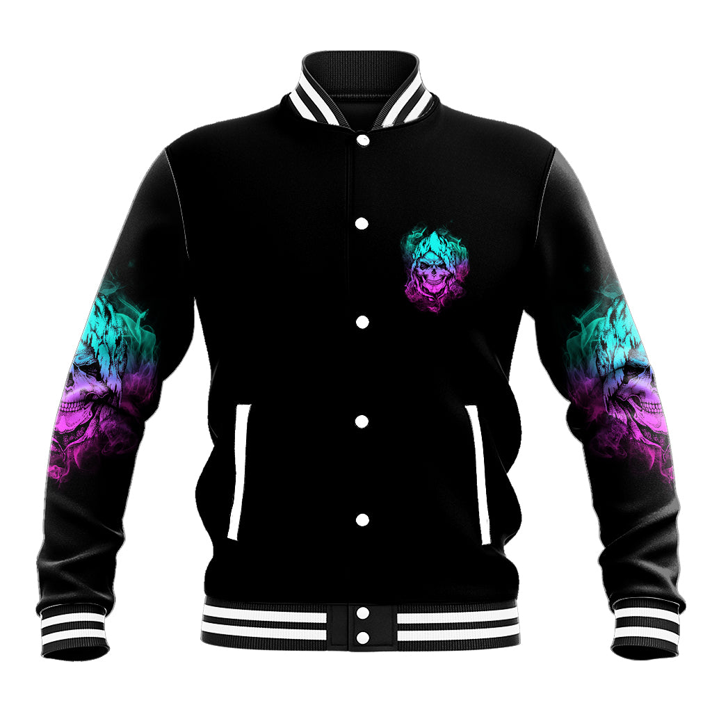 Black baseball jacket with purple teal reaper skull chest patch and striped ribbed cuffs