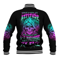 Black baseball jacket with multicolor reaper skull graphic on back, ribbed striped collar