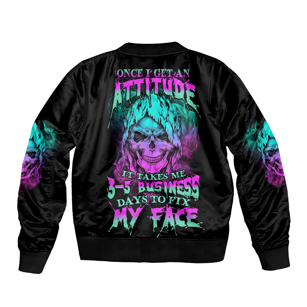 Black bomber jacket with ribbed collar and back reaper graphic, multicolor sleeve art