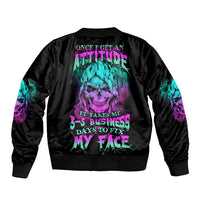 Black bomber jacket with ribbed collar and back reaper graphic, multicolor sleeve art