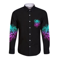 Black long sleeve button shirt with colorful front chest graphic and sleeve prints