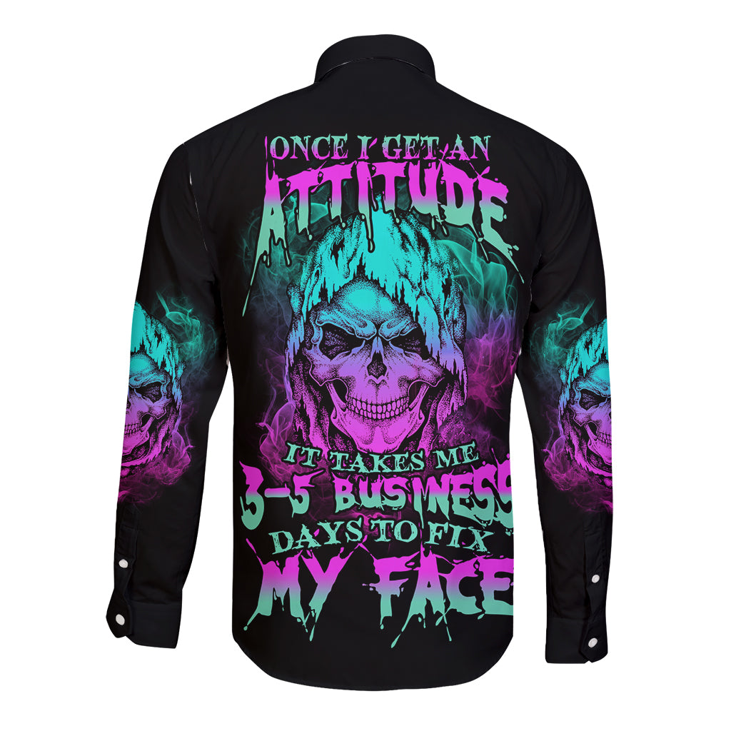 Black long sleeve button shirt with colorful reaper skull graphic on back