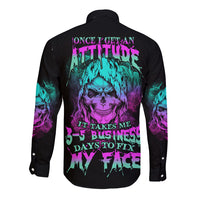 Black long sleeve button shirt with colorful reaper skull graphic on back