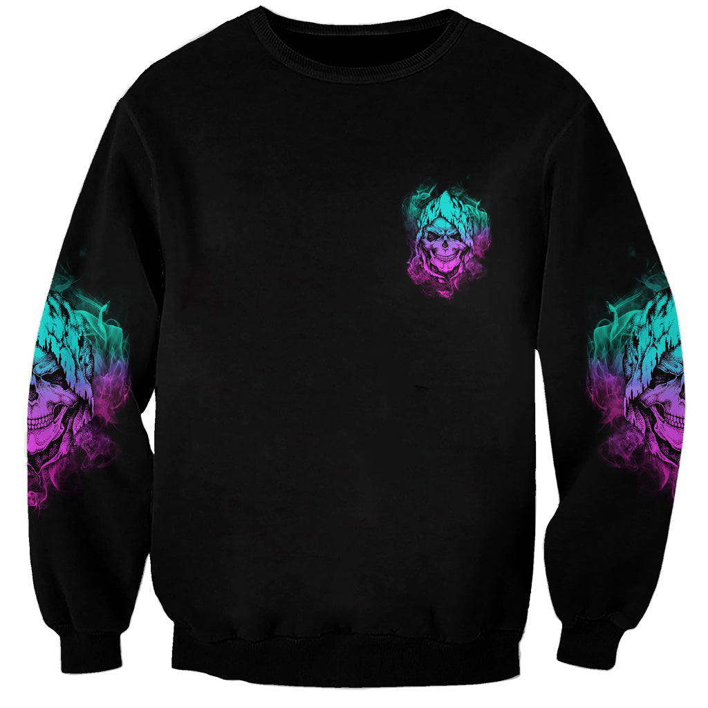 Unisex black sweatshirt with small reaper skull logo and teal/purple side sleeve prints