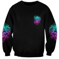 Unisex black sweatshirt with small reaper skull logo and teal/purple side sleeve prints