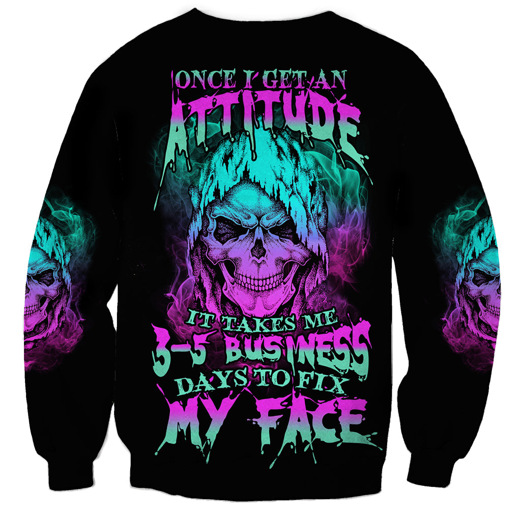 Unisex black sweatshirt with colorful reaper skull front graphic and side sleeve prints