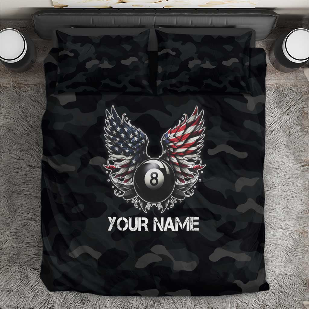 Custom American Flag Billiards Bedding Set with 8-Ball Wings and Camo Background - Wonder Print Shop