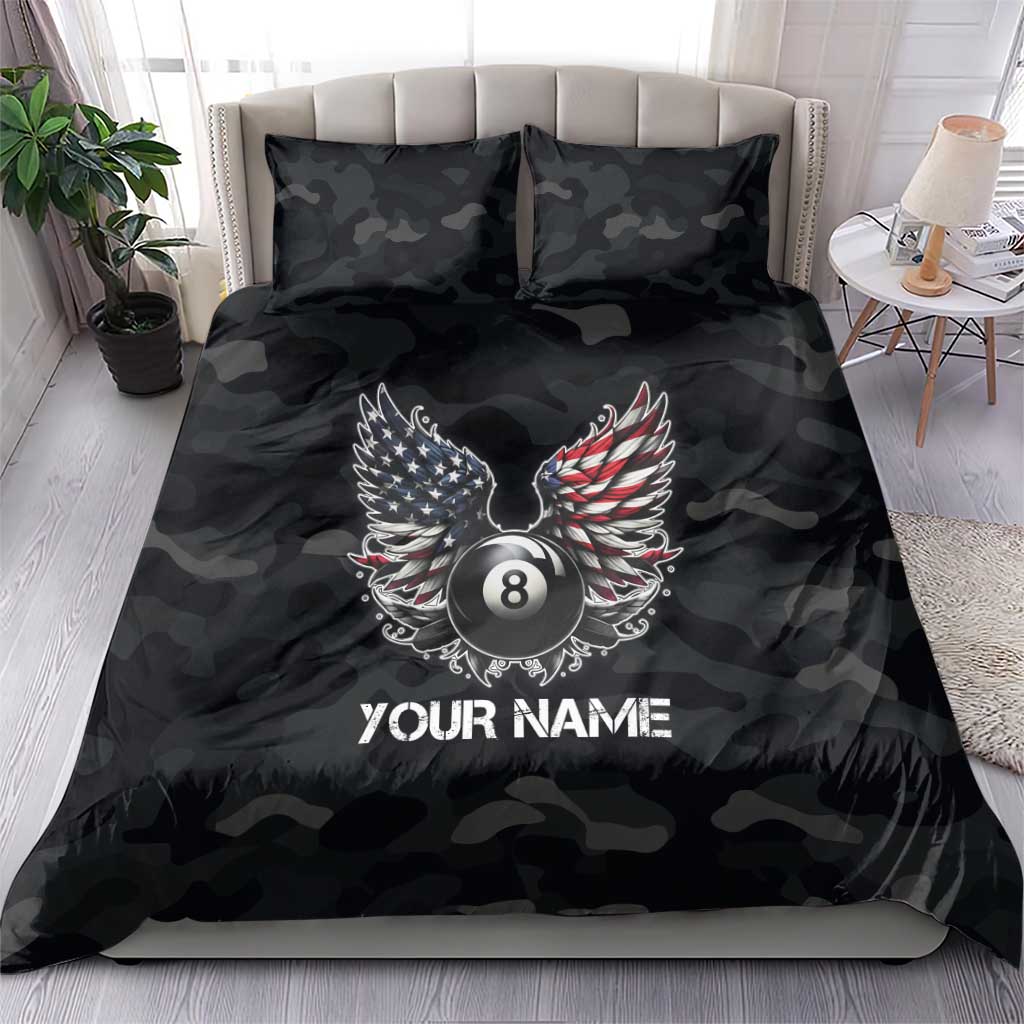 Custom American Flag Billiards Bedding Set with 8-Ball Wings and Camo Background - Wonder Print Shop