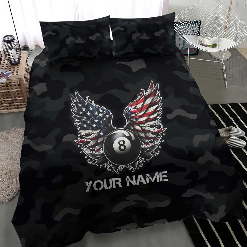 Custom American Flag Billiards Bedding Set with 8-Ball Wings and Camo Background - Wonder Print Shop