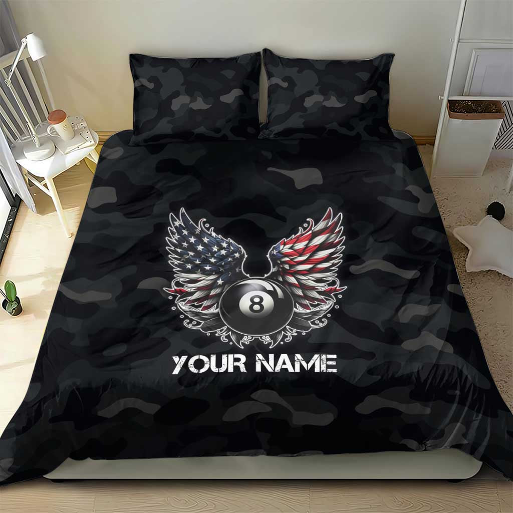 Custom American Flag Billiards Bedding Set with 8-Ball Wings and Camo Background - Wonder Print Shop