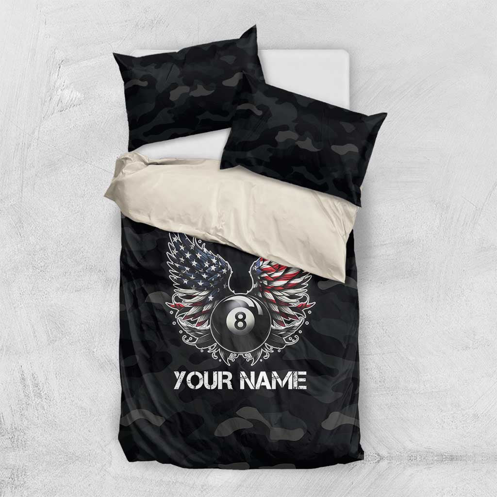 Custom American Flag Billiards Bedding Set with 8-Ball Wings and Camo Background - Wonder Print Shop