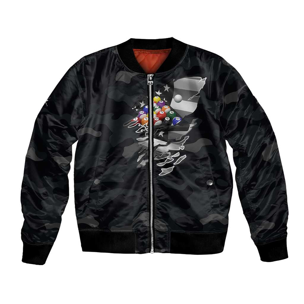 Custom American Flag Billiards Bomber Jacket with 8-Ball Wings and Camo Background - Wonder Print Shop