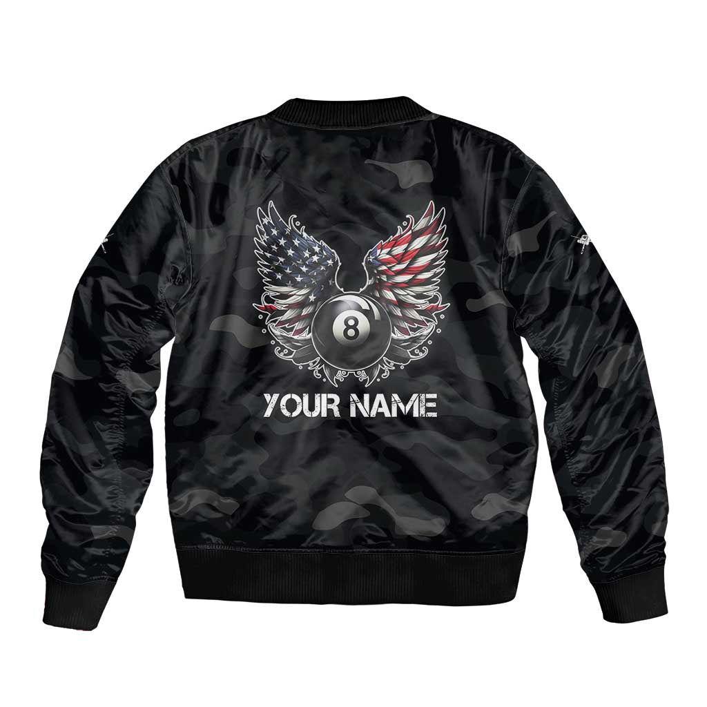 Custom American Flag Billiards Bomber Jacket with 8-Ball Wings and Camo Background - Wonder Print Shop
